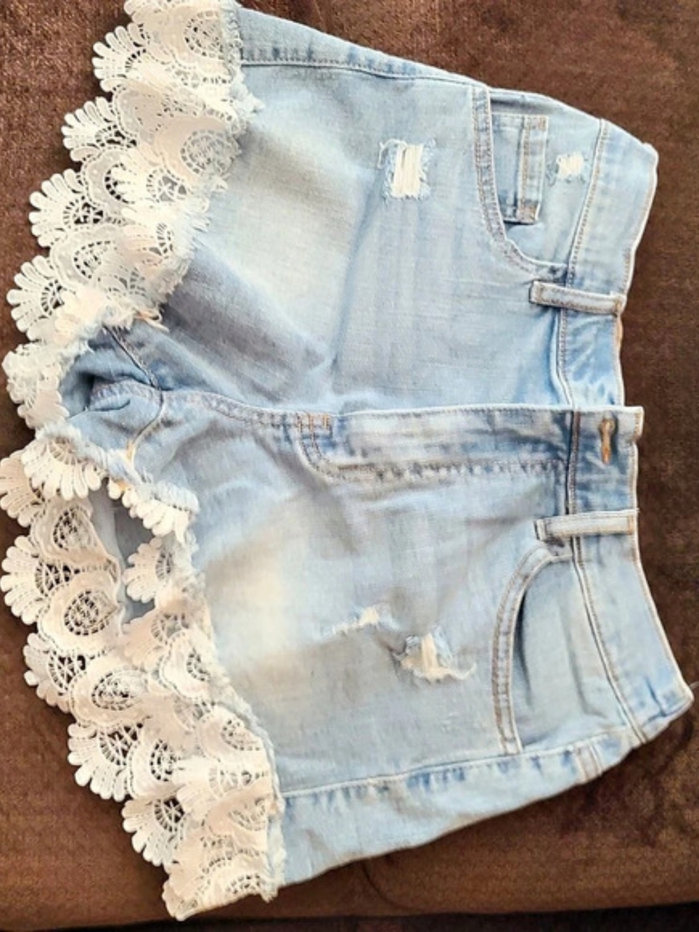 Madden Nyc Lace Trim Distressed Jean Shorts in Blue